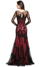 Mermaid Jewel Neck Long Tulle Red Sexy Evening Dresses with Beading