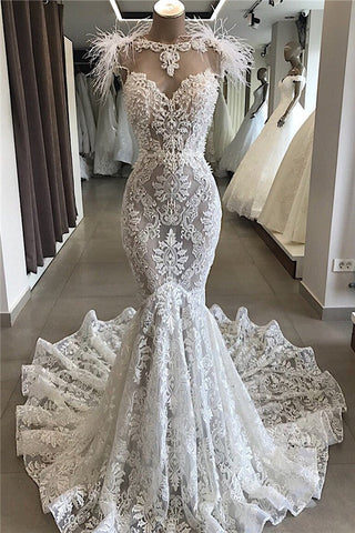 Mermaid Lace Crystals Necklace Wedding Dress Bridal Wears with Feather