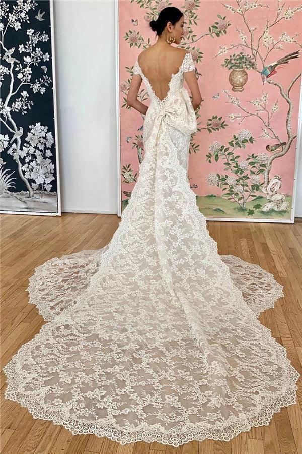 Mermaid Lace Off-the-Shoulder Formal Dresses Backless Bridal Wears by misshow.com