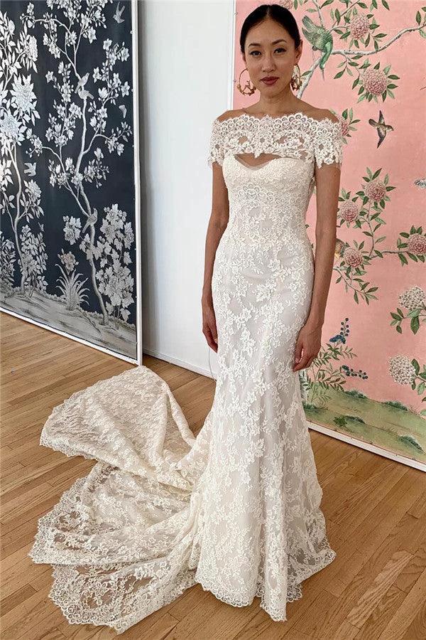 Mermaid Lace Off-the-Shoulder Formal Dresses Backless Bridal Wears by misshow.com