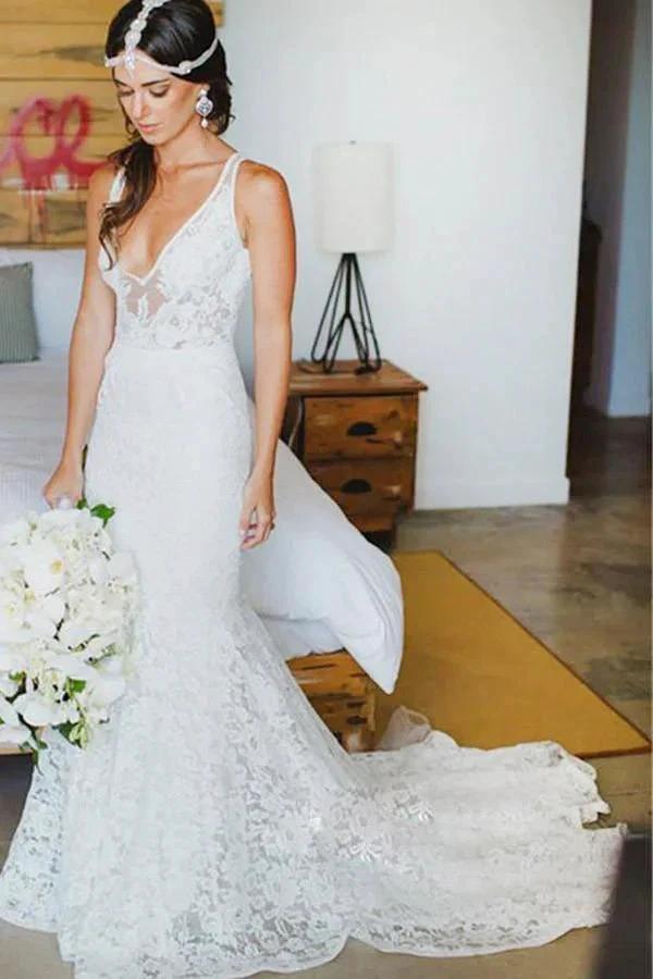 Mermaid Lace V-neck Court Train Beach Wedding Dress WD107 by pgmdress