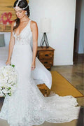 Mermaid Lace V-neck Court Train Beach Wedding Dress WD107 by pgmdress
