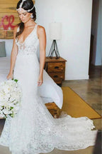 Mermaid Lace V-neck Court Train Beach Wedding Dress WD107 by pgmdress
