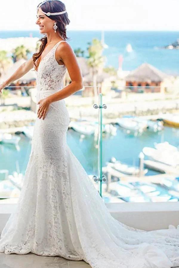 Mermaid Lace V-neck Court Train Beach Wedding Dress WD107 by pgmdress