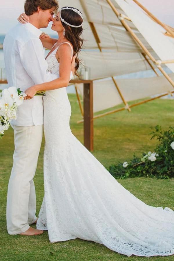 Mermaid Lace V-neck Court Train Beach Wedding Dress WD107 by pgmdress