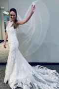 Mermaid Lace Wedding Gown With Semi-Cathedral Train Racer Back Wedding Dress WD492 by pgmdress