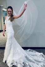 Mermaid Lace Wedding Gown With Semi-Cathedral Train Racer Back Wedding Dress WD492 by pgmdress