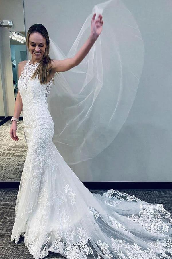 Mermaid Lace Wedding Gown With Semi-Cathedral Train Racer Back Wedding Dress WD492 by pgmdress
