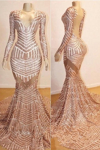 Vestidos de fiesta de sirena con mangas largas, escote en V, lentejuelas y cola larga