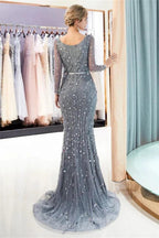 Mermaid Long Sleeves V-neck Sequins Evening Gowns with Sash by misshow.com