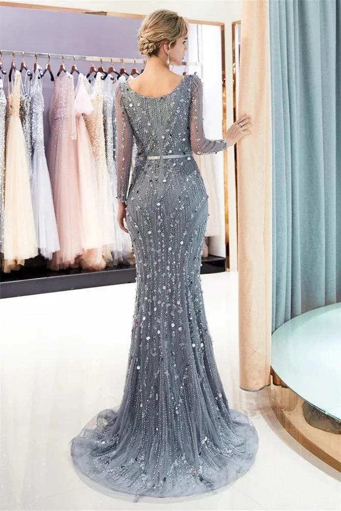 Mermaid Long Sleeves V-neck Sequins Evening Gowns with Sash by misshow.com