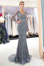 Mermaid Long Sleeves V-neck Sequins Evening Gowns with Sash by misshow.com