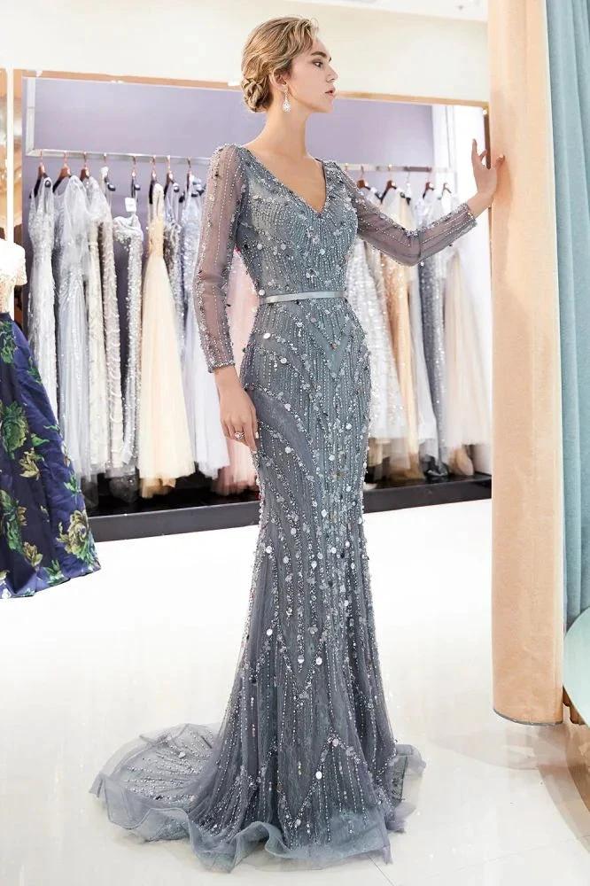 Mermaid Long Sleeves V-neck Sequins Evening Gowns with Sash by misshow.com