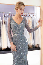 Mermaid Long Sleeves V-neck Sequins Evening Gowns with Sash by misshow.com