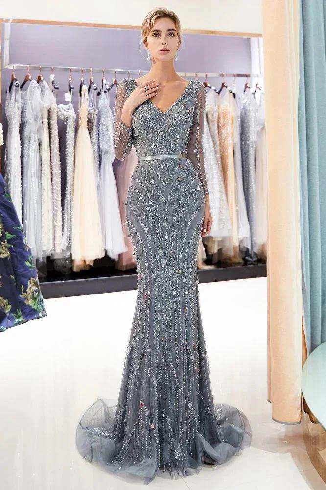 Mermaid Long Sleeves V-neck Sequins Evening Gowns with Sash by misshow.com