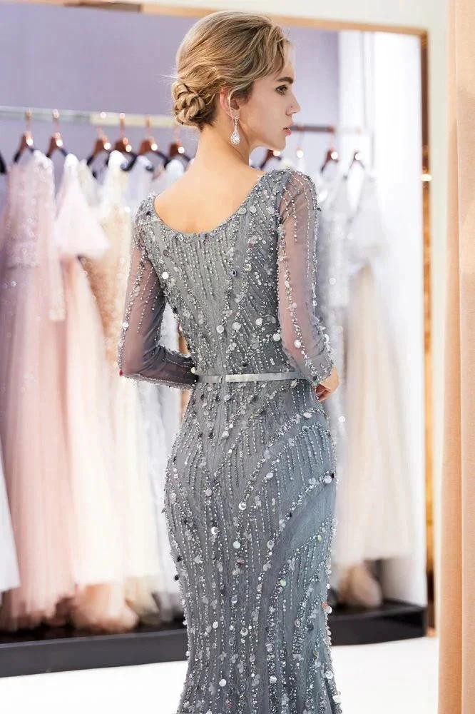 Mermaid Long Sleeves V-neck Sequins Evening Gowns with Sash by misshow.com