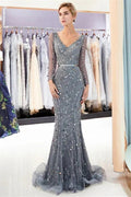 Mermaid Long Sleeves V-neck Sequins Evening Gowns with Sash by misshow.com
