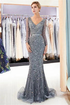 Mermaid Long Sleeves V-neck Sequins Evening Gowns with Sash by misshow.com