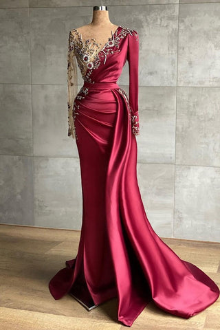 Vestido de fiesta largo de sirena con escote en V y mangas en satén burdeos