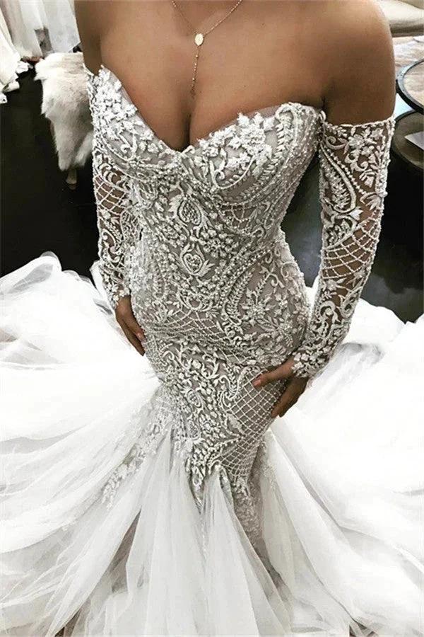 Mermaid New Arrival Long Sleeves Wedding Dress Off-the-Shoulder Lace New Arrival Bridal Wears by misshow.com