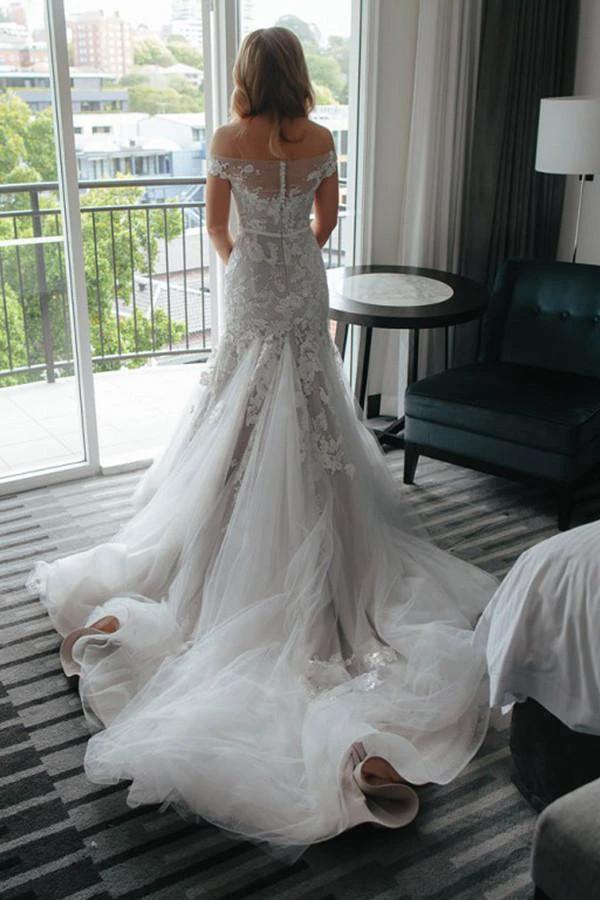 Mermaid Off-the-Shoulder Court Train Tulle Wedding Dress with Appliques WD097 by pgmdress