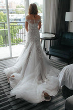 Mermaid Off-the-Shoulder Court Train Tulle Wedding Dress with Appliques WD097 by pgmdress