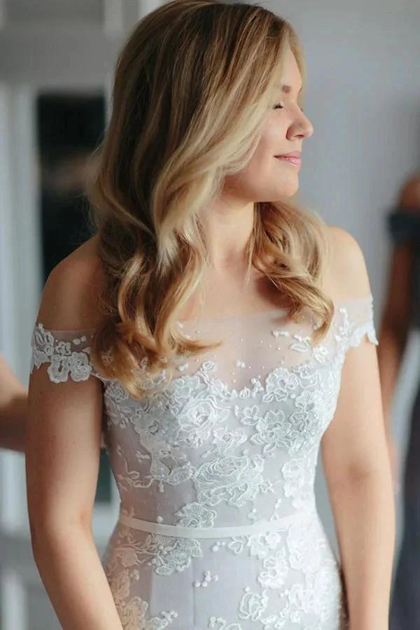 Mermaid Off-the-Shoulder Court Train Tulle Wedding Dress with Appliques WD097 by pgmdress
