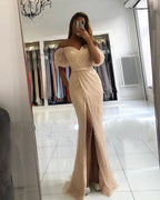 Mermaid Off-the-Shoulder Front Slit Long Sequins Prom Dress With Sleeves by BIZTUNNEL