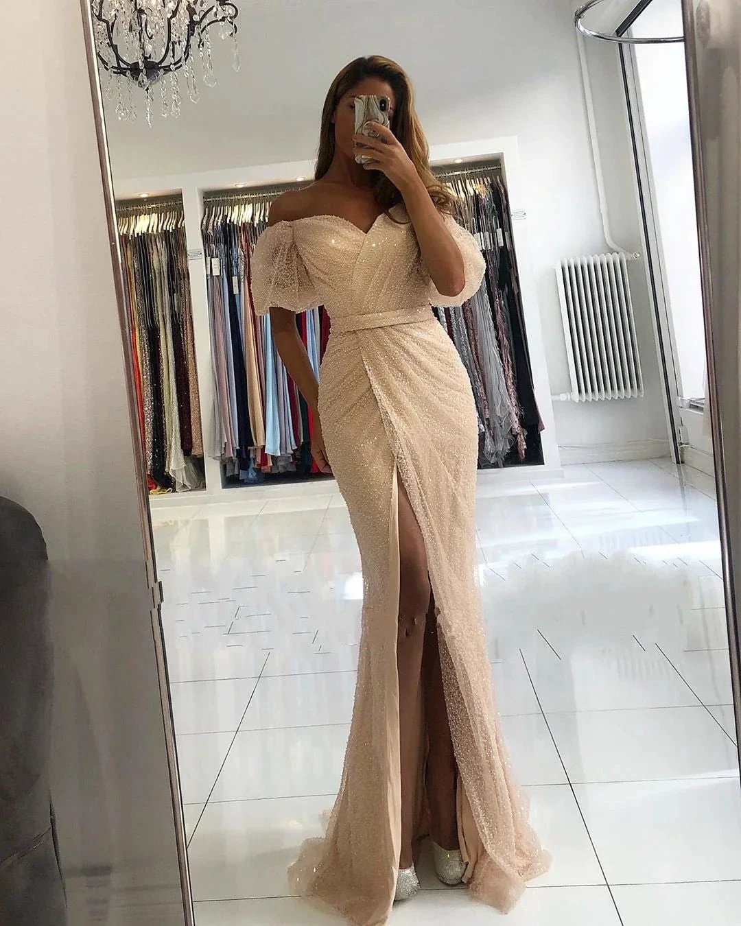 Mermaid Off-the-Shoulder Front Slit Long Sequins Prom Dress With Sleeves by BIZTUNNEL