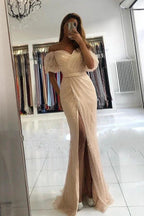 Mermaid Off-the-Shoulder Front Slit Long Sequins Prom Dress With Sleeves by BIZTUNNEL