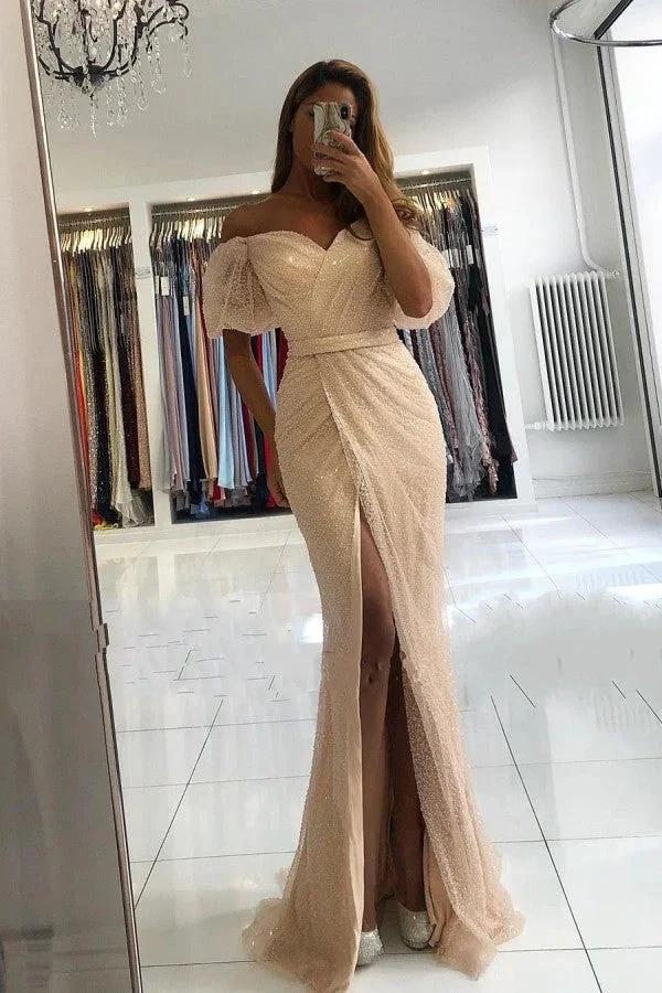 Mermaid Off-the-Shoulder Front Slit Long Sequins Prom Dress With Sleeves by BIZTUNNEL