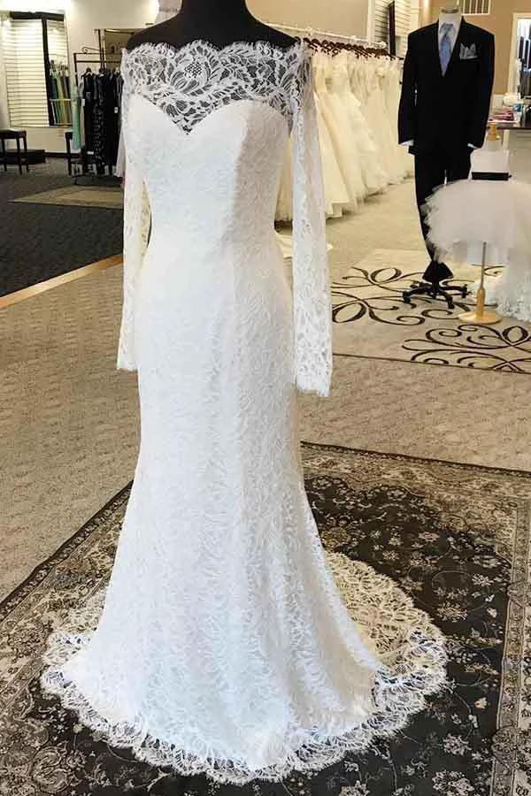 Mermaid Off-the-Shoulder Lace Wedding Dress with Long Sleeves WD248 by pgmdress