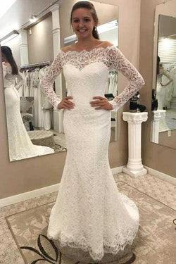 Mermaid Off-the-Shoulder Lace Wedding Dress with Long Sleeves WD248 by pgmdress