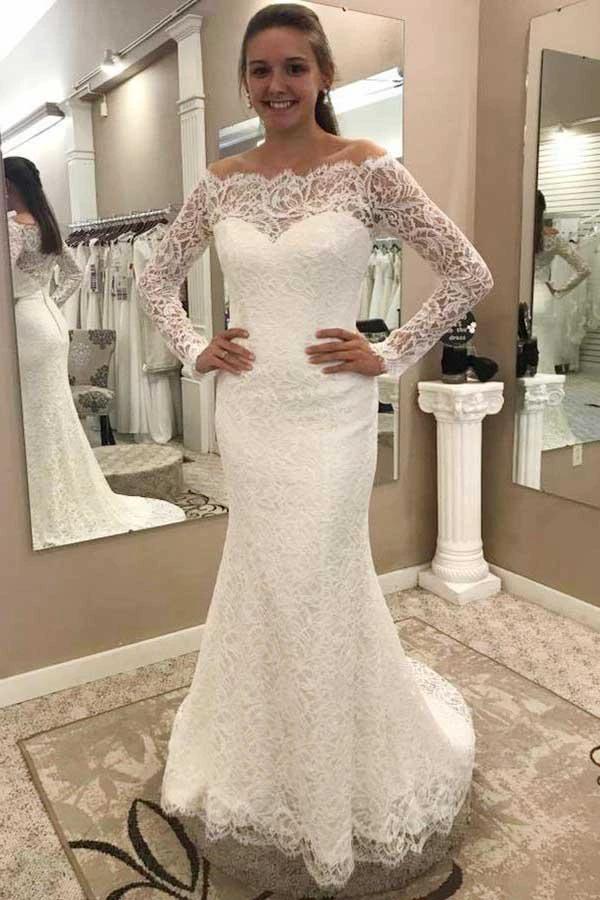 Mermaid Off-the-Shoulder Lace Wedding Dress with Long Sleeves WD248 by pgmdress