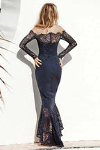 Mermaid Off-the-Shoulder Navy Blue Bridesmaid Dress with Lace BD068 by pgmdress