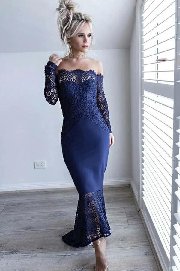 Mermaid Off-the-Shoulder Navy Blue Bridesmaid Dress with Lace BD068 by pgmdress