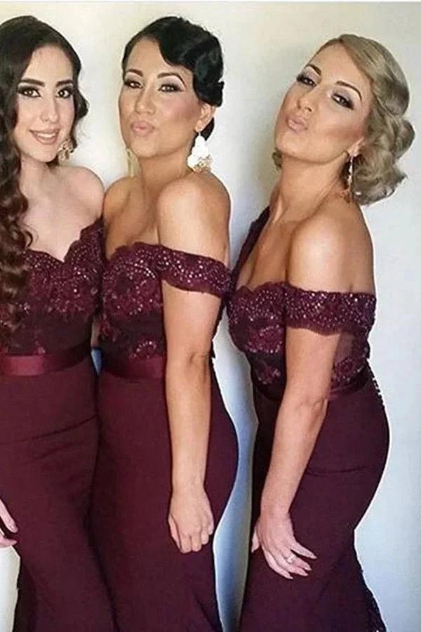Mermaid Off-the-Shoulder Sweep Train Navy Blue Bridesmaid/Prom Dress PG406 by pgmdress