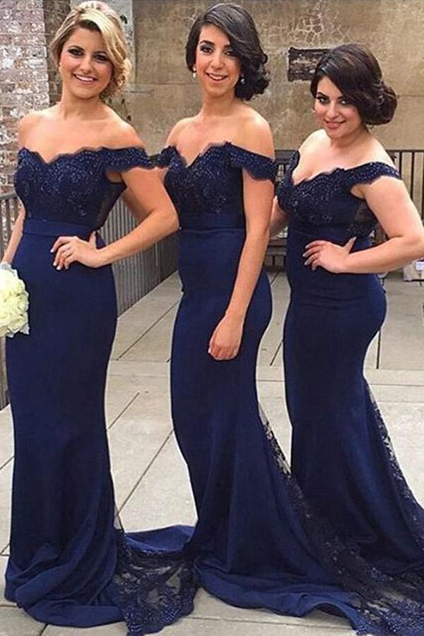Mermaid Off-the-Shoulder Sweep Train Navy Blue Bridesmaid/Prom Dress PG406 by pgmdress