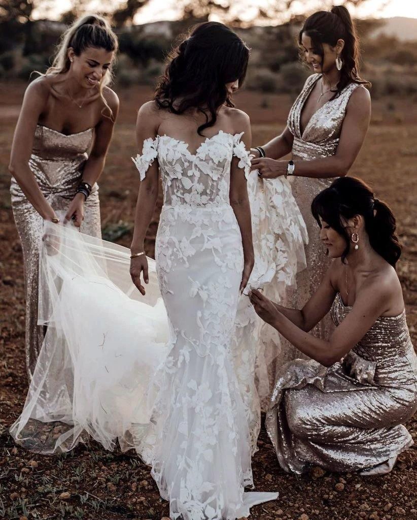 Mermaid Off-the-shoulder Tull Applique Amazing Rustic Wedding Dress WD518 by pgmdress