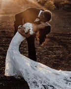 Mermaid Off-the-shoulder Tull Applique Amazing Rustic Wedding Dress WD518 by pgmdress