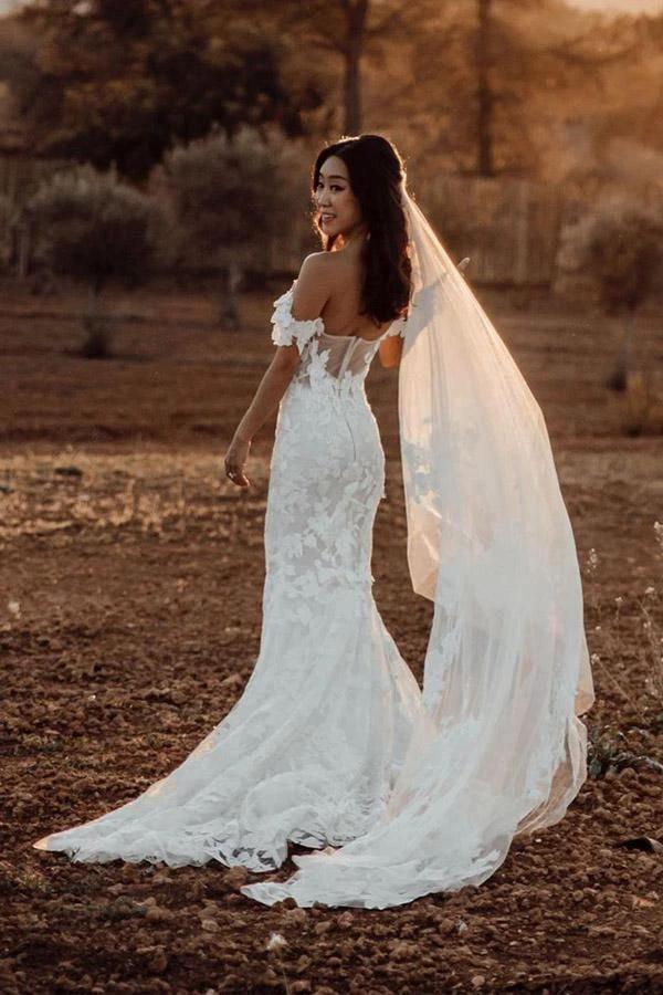 Mermaid Off-the-shoulder Tull Applique Amazing Rustic Wedding Dress WD518 by pgmdress