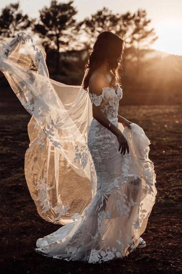 Mermaid Off-the-shoulder Tull Applique Amazing Rustic Wedding Dress WD518 by pgmdress