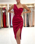 Mermaid One Shoulder Satin Short Prom Dress with slit by BIZTUNNEL