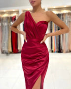 Mermaid One Shoulder Satin Short Prom Dress with slit by BIZTUNNEL