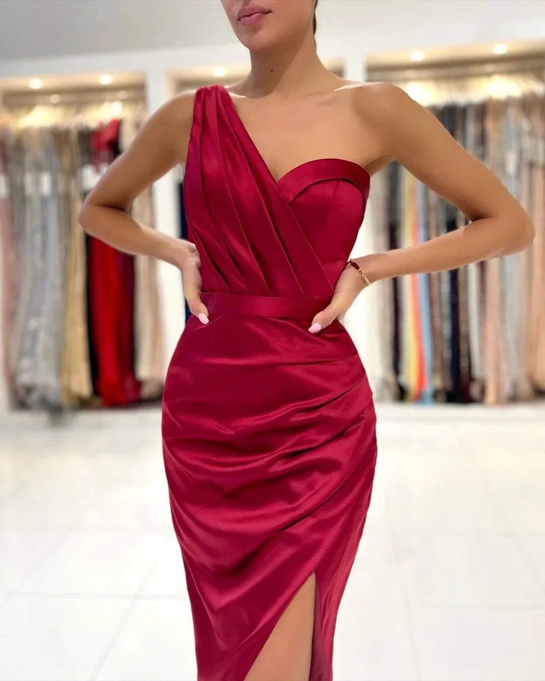 Mermaid One Shoulder Satin Short Prom Dress with slit by BIZTUNNEL
