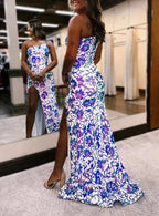 Mermaid One Shoulder Sequin Appliques Long Prom Dresses with Slit by KissProm