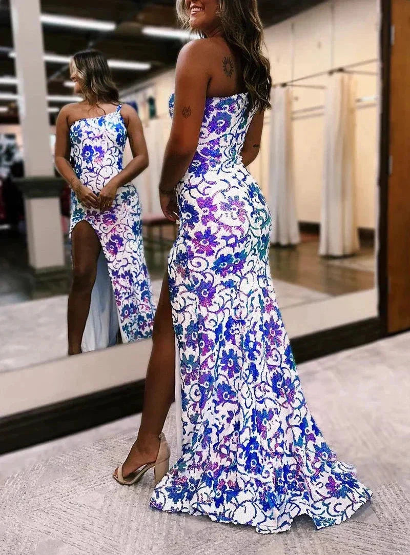 Mermaid One Shoulder Sequin Appliques Long Prom Dresses with Slit by KissProm