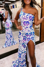 Mermaid One Shoulder Sequin Appliques Long Prom Dresses with Slit by KissProm