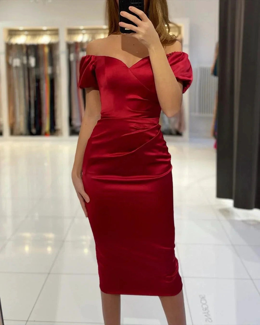 Mermaid Satin Off the Shoulder Short Prom Dresses with Sleeves by BIZTUNNEL