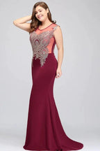 Mermaid Scoop Floor Length Plus size Sleeveless Appliques Burgundy Evening Dresses by misshow.com